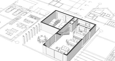 ev mimarisi projesi çizimi 3d illüstrasyon