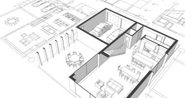 ev mimarisi projesi çizimi 3d illüstrasyon