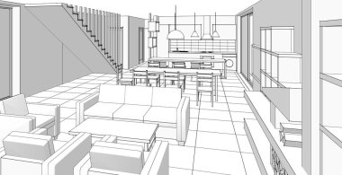 İç mutfak oturma odası 3D görüntü