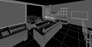 İç mutfak oturma odası 3D görüntü