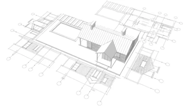 家の建築プロジェクトスケッチ3Dイラスト — ストック写真