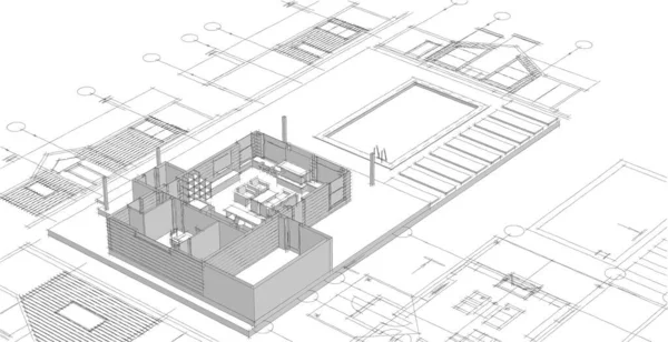 房屋建筑草图3D图解 — 图库照片