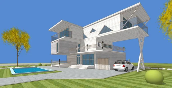 Modernt Hus Arkitektonisk Färg Skiss Illustration — Stockfoto