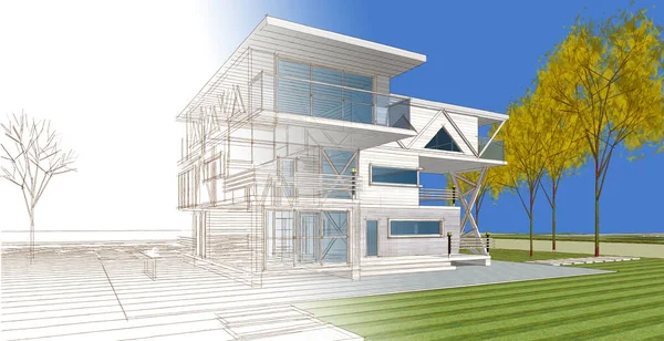 Modern Huis Architectonische Kleur Schets Illustratie — Stockfoto