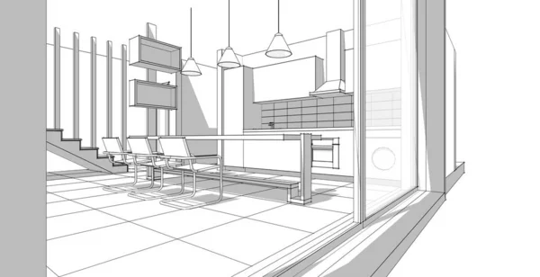 Interior Cocina Sala Estar Ilustración —  Fotos de Stock