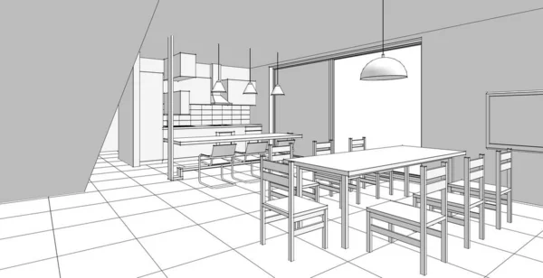 室内厨房客厅3D插图 — 图库照片