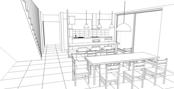 Interiér Kuchyně Obývací Pokoj Ilustrace — Stock fotografie
