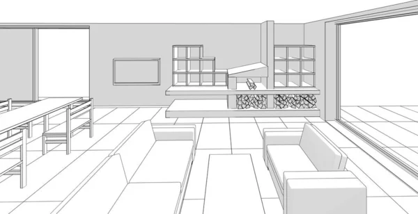 Interior Cocina Sala Estar Ilustración — Foto de Stock