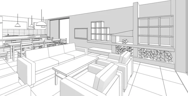 Innenraum Küche Wohnzimmer Illustration — Stockfoto