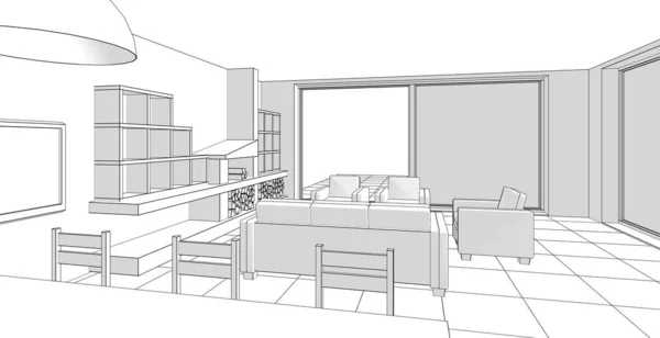 Interior Cocina Sala Estar Ilustración —  Fotos de Stock