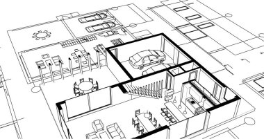 ev mimari projesi çizimi 3d vektör illüstrasyonu