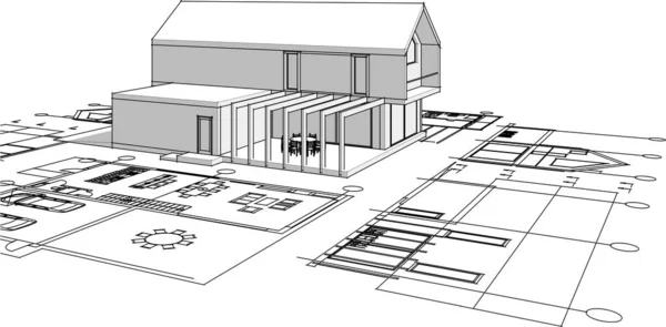 Casa Proyecto Arquitectónico Bosquejo Vector Ilustración — Vector de stock