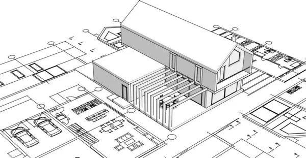 Hus Arkitektur Projekt Skiss Vektor Illustration — Stock vektor