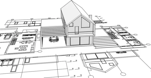 家の建築プロジェクトのスケッチ3Dベクトルイラスト — ストックベクタ