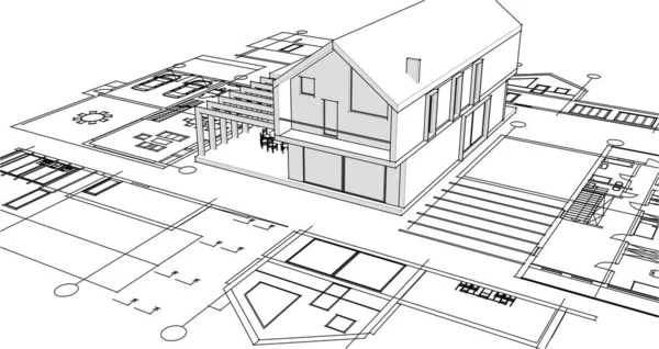 Casa Progetto Architettonico Schizzo Vettoriale Illustrazione — Vettoriale Stock