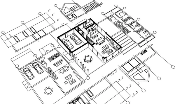 Casa Projeto Arquitetônico Esboço Vetor Ilustração —  Vetores de Stock