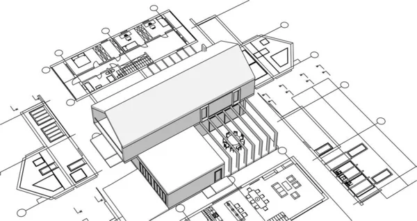 Casa Projeto Arquitetônico Esboço Vetor Ilustração — Vetor de Stock