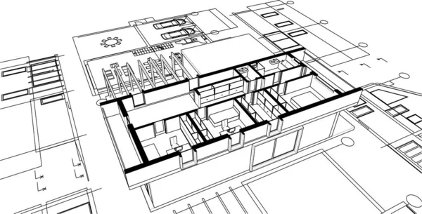 家の建築プロジェクトのスケッチ3Dベクトルイラスト — ストックベクタ