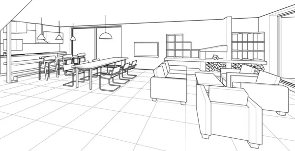 Cozinha Interior Sala Estar Vetor Ilustração —  Vetores de Stock