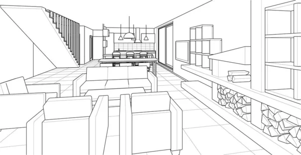 室内厨房客厅3D矢量插图 — 图库矢量图片