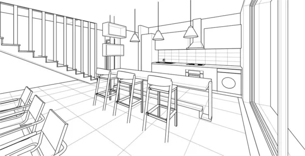 キッチンリビングルーム3Dベクトルイラスト — ストックベクタ