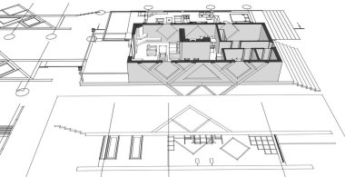 ev mimarisi projesi çizimi 3d illüstrasyon