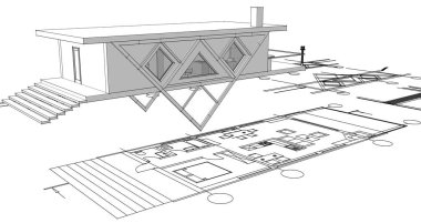 ev mimarisi projesi çizimi 3d illüstrasyon