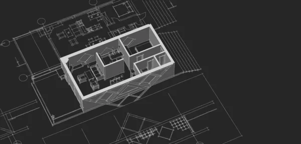 房屋建筑草图3D图解 — 图库照片