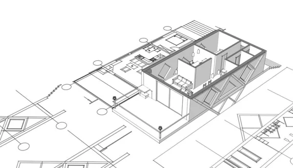房屋建筑草图3D图解 — 图库照片