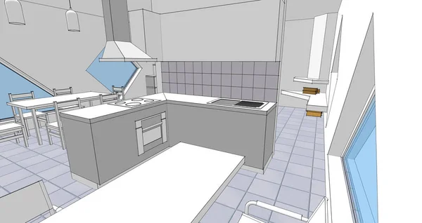 厨房三线框架结构草图设计 — 图库照片