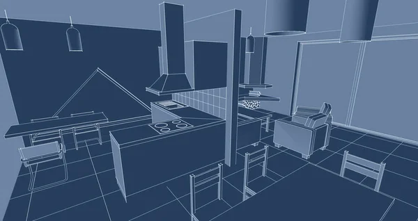 室内生活素描设计3 钢丝框架3D渲染 — 图库照片