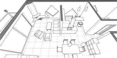 ev planı mimari taslak 3D illüstrasyon