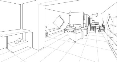 ev planı mimari taslak 3D illüstrasyon