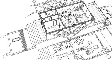 ev planı mimari taslak 3D illüstrasyon