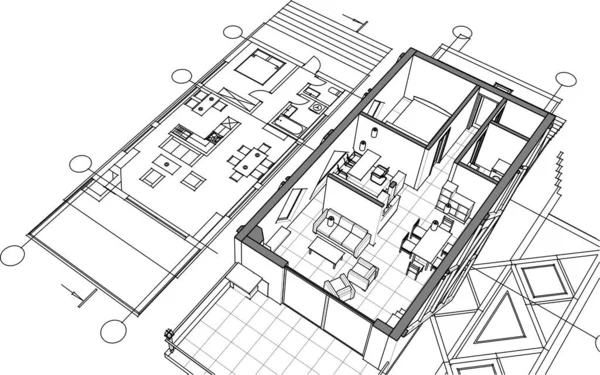Σπίτι Σχέδιο Αρχιτεκτονικό Σκίτσο Εικόνα — Διανυσματικό Αρχείο