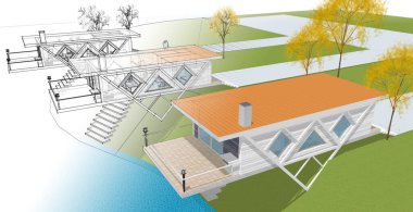 ev mimarisi çizimi 3d illüstrasyon