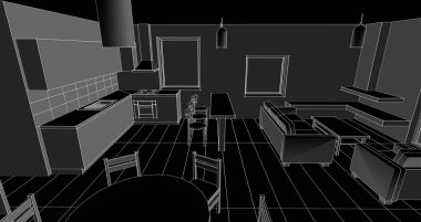 Mutfak ve oturma odası, 3 boyutlu resim