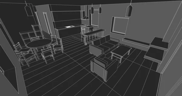 厨房和客厅的内部 3D插图 — 图库照片