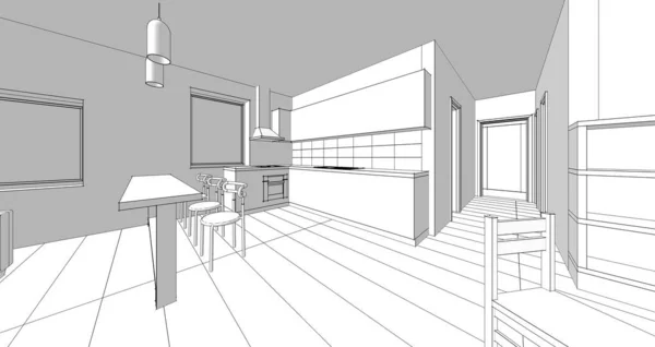 厨房内部 3D插图 — 图库照片