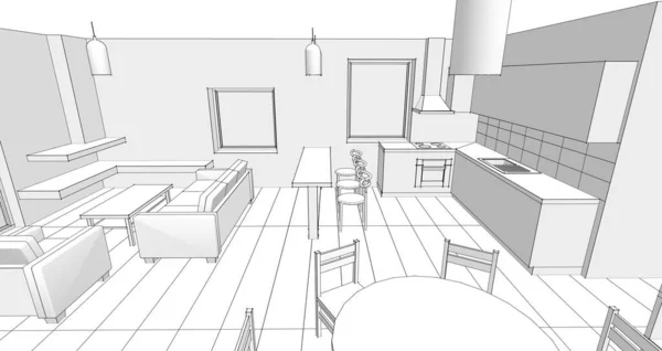 キッチンとリビングのインテリア3Dイラスト — ストック写真