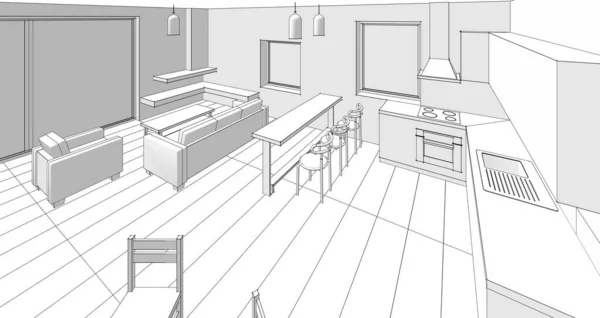 Interior Cozinha Sala Estar Ilustração — Fotografia de Stock