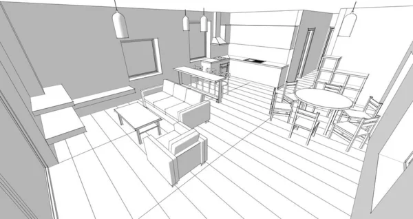 Innenraum Von Küche Und Wohnzimmer Illustration — Stockfoto