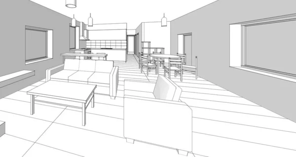 厨房和客厅的内部 3D插图 — 图库照片