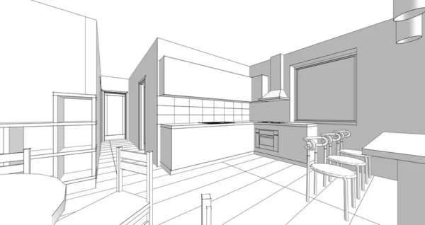 厨房内部 3D插图 — 图库照片