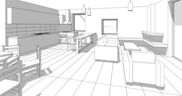 Innenraum Von Küche Und Wohnzimmer Illustration — Stockfoto
