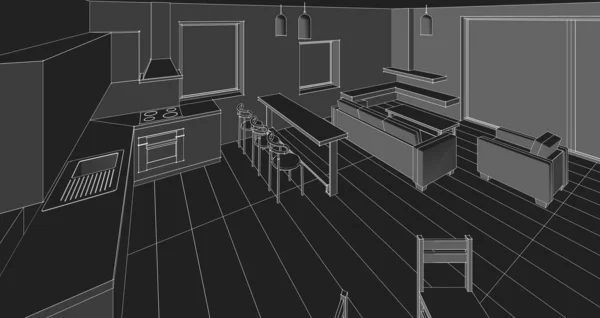 キッチンとリビングのインテリア3Dイラスト — ストック写真
