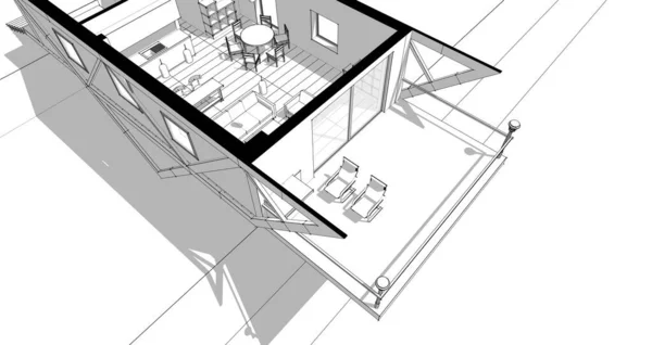 房屋内部草图3D插图 — 图库照片