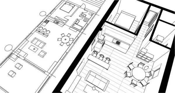 房子内部草图 3D插图 — 图库矢量图片