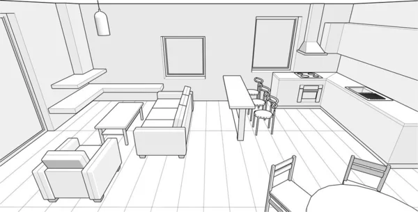 房子内部草图 3D插图 — 图库矢量图片