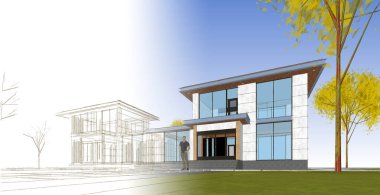 Mimari konak çizimi, 3 boyutlu illüstrasyon